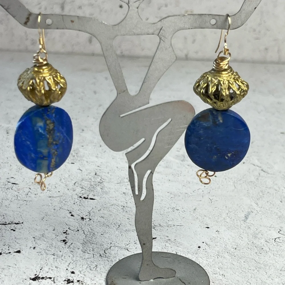 Artisan Blue and Gold Lapis Lazuli Dangle Earrings. - Picture 5 of 6